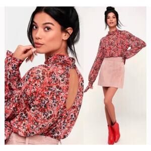 Free People NEW Women's Coral Floral All Dolled Up Mesh Crop Top Shirt Sz S